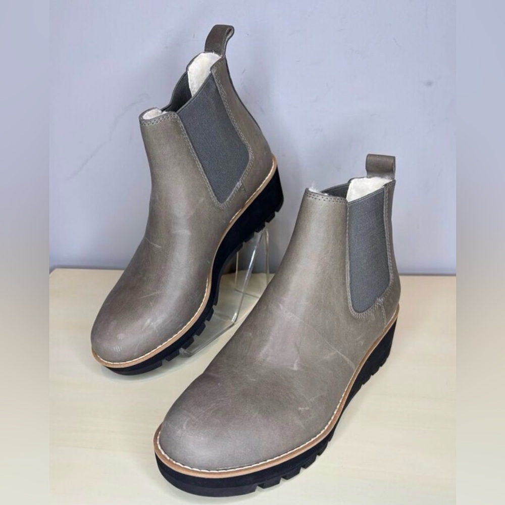Eileen Fisher Women's Gray Leather Chelsea Wedge Fur Lined Bootie 8.5
